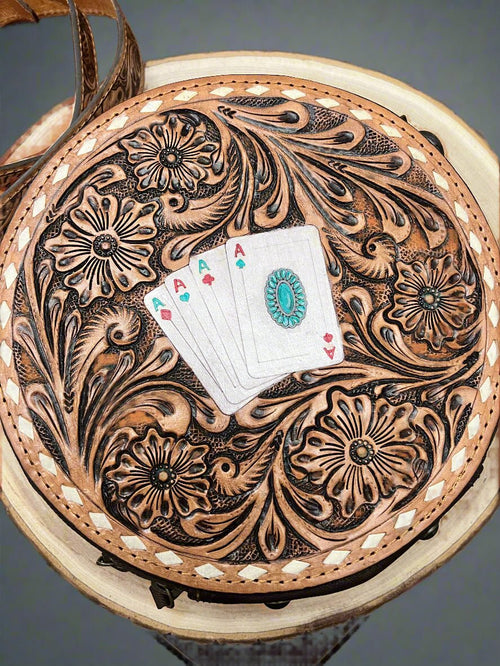 Small Canteen Bag - Tooled Leather with Turquoise and Aces - Cowhide and Conchos
