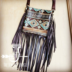 Small Crossbody Handbag w/ Turquoise Navajo Full Fringe - Cowhide and Conchos