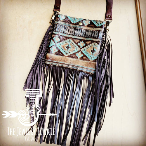 Small Crossbody Handbag w/ Turquoise Navajo Full Fringe - Cowhide and Conchos
