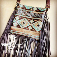 Small Crossbody Handbag w/ Turquoise Navajo Full Fringe - Cowhide and Conchos