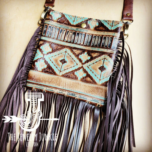 Small Crossbody Handbag w/ Turquoise Navajo Full Fringe - Cowhide and Conchos