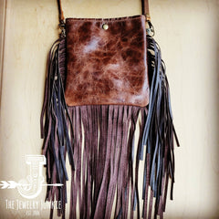 Small Crossbody Handbag w/ Turquoise Navajo Full Fringe - Cowhide and Conchos
