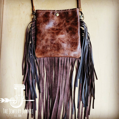 Small Crossbody Handbag w/ Turquoise Navajo Full Fringe - Cowhide and Conchos