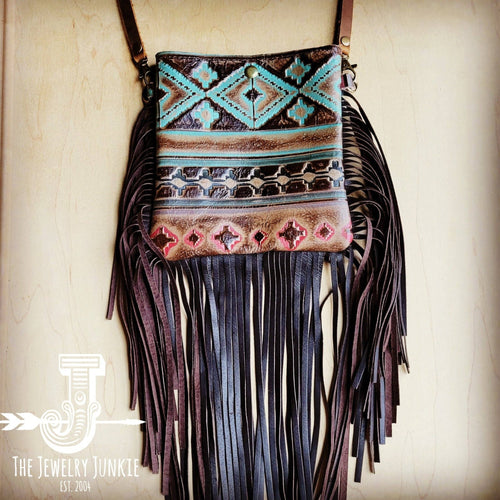Small Crossbody Handbag w/ Turquoise Navajo Full Fringe - Cowhide and Conchos
