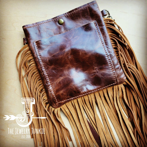 Small Crossbody Handbag w/ Turquoise Navajo Full Fringe - Cowhide and Conchos