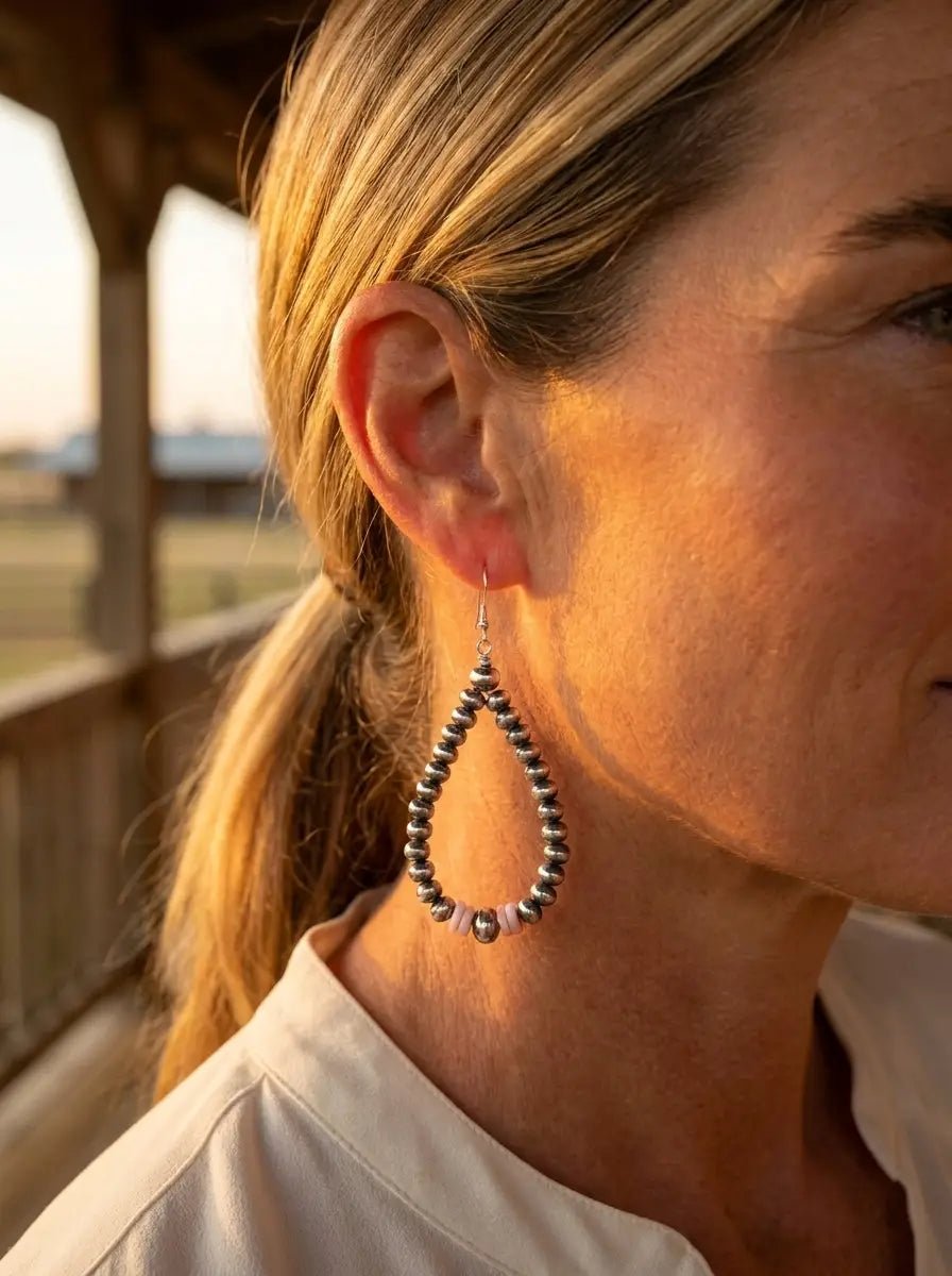 Smaller Sterling Pearl Saucer Teardrop Earrings with Pink Conch — 2.5 inch drop - Cowhide and Conchos