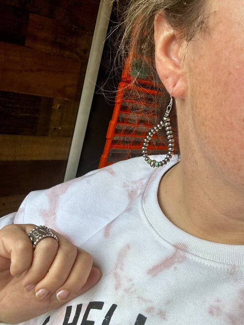 Smaller Sterling SAUCER Silver Pearls earrings teardrop and green turquoise - Cowhide and Conchos