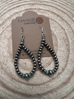 Smaller Sterling SAUCER Silver Pearls earrings teardrop and green turquoise - Cowhide and Conchos