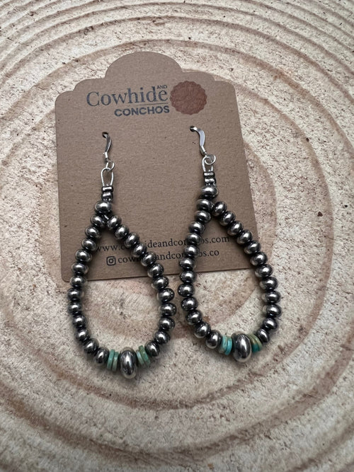 Smaller Sterling SAUCER Silver Pearls earrings teardrop and green turquoise - Cowhide and Conchos