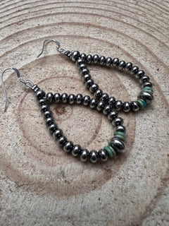 Smaller Sterling SAUCER Silver Pearls earrings teardrop and green turquoise - Cowhide and Conchos