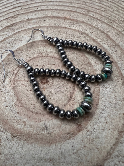 Smaller Sterling SAUCER Silver Pearls earrings teardrop and green turquoise - Cowhide and Conchos