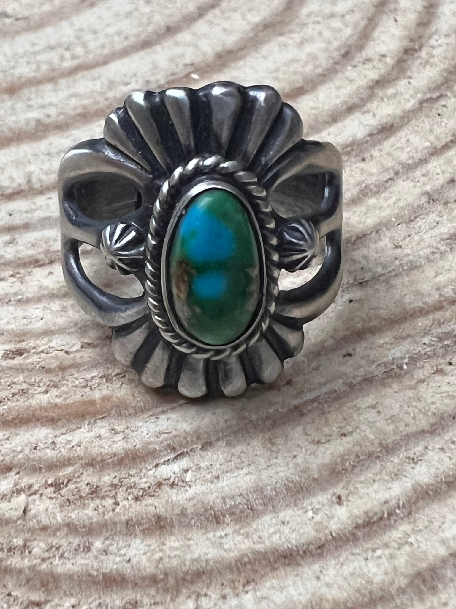 Sonoran Gold Sunray Ring by Victor Coriz - Size 9.5 - Cowhide and Conchos