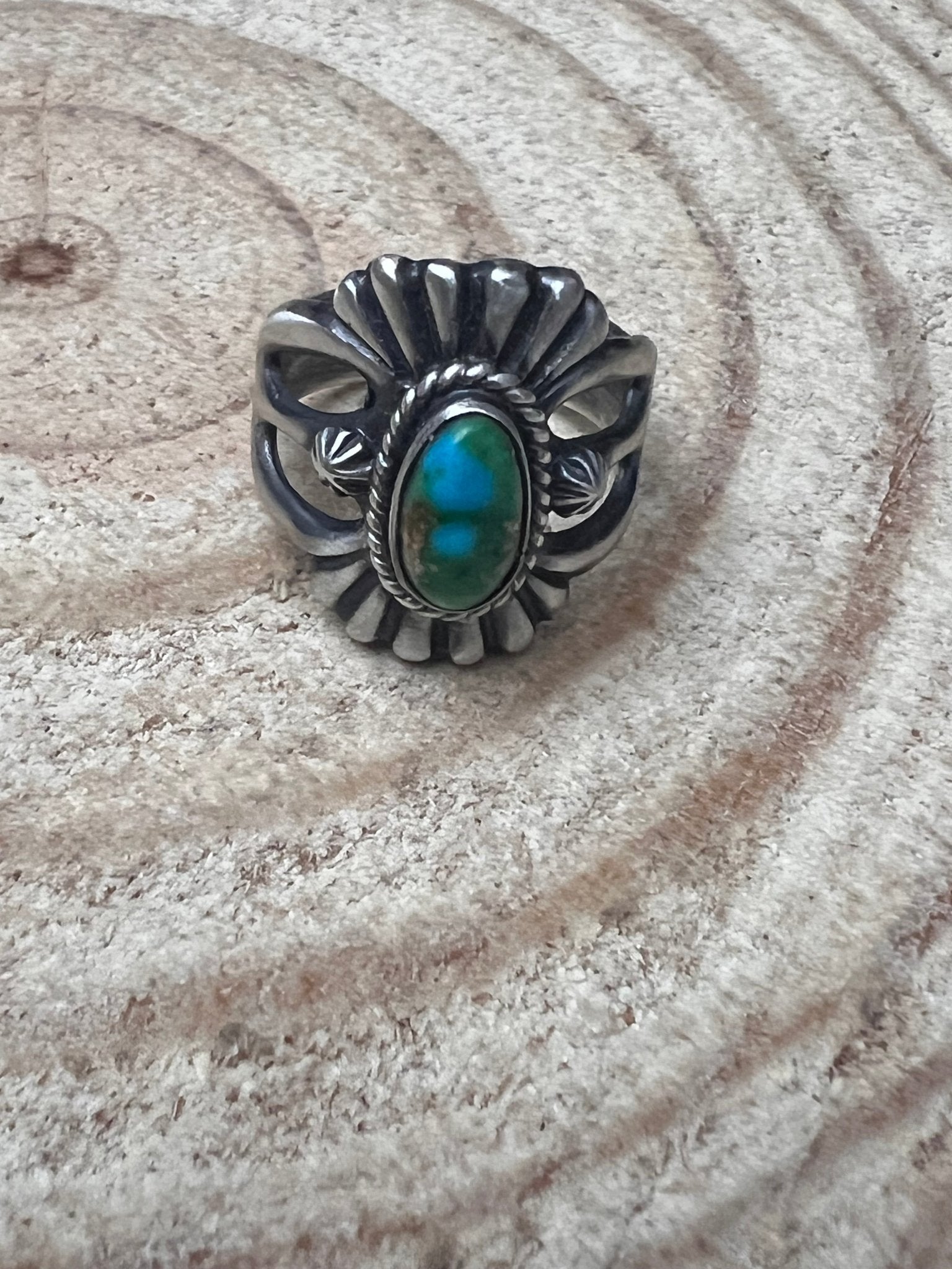 Sonoran Gold Sunray Ring by Victor Coriz - Size 9.5 - Cowhide and Conchos