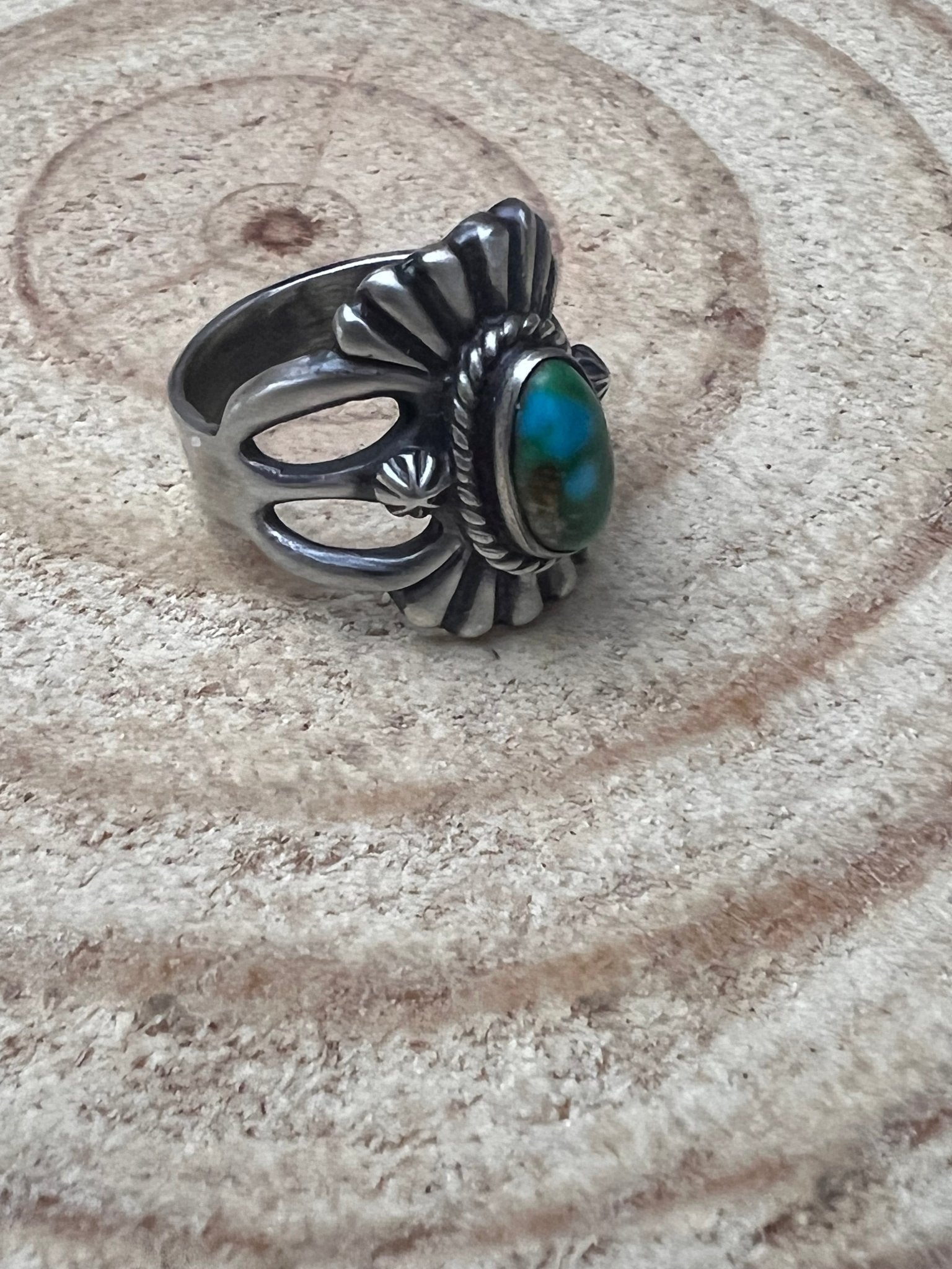 Sonoran Gold Sunray Ring by Victor Coriz - Size 9.5 - Cowhide and Conchos