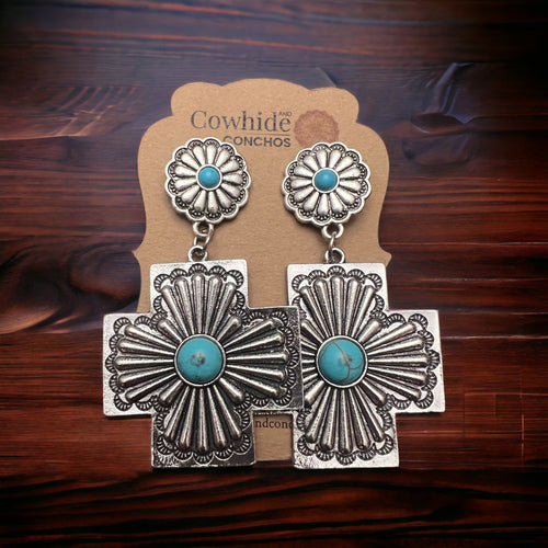 Southern Cross with Turquoise Dangle Earrings - Cowhide and Conchos