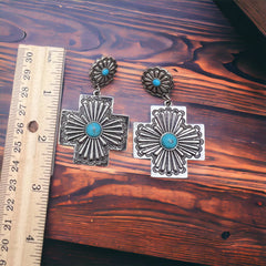 Southern Cross with Turquoise Dangle Earrings - Cowhide and Conchos