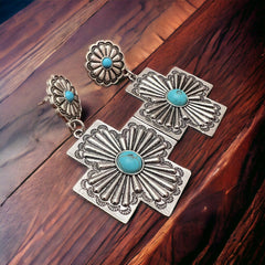 Southern Cross with Turquoise Dangle Earrings - Cowhide and Conchos