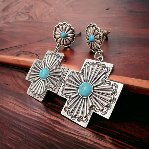 Southern Cross with Turquoise Dangle Earrings - Cowhide and Conchos