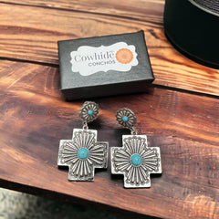 Southern Cross with Turquoise Dangle Earrings - Cowhide and Conchos