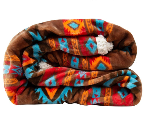 Southwest Horizon Sherpa Fleece Throw Blanket - Cowhide and Conchos