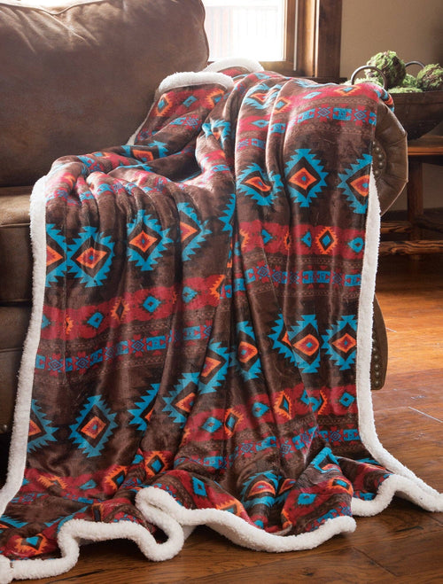 Southwest Horizon Sherpa Fleece Throw Blanket - Cowhide and Conchos