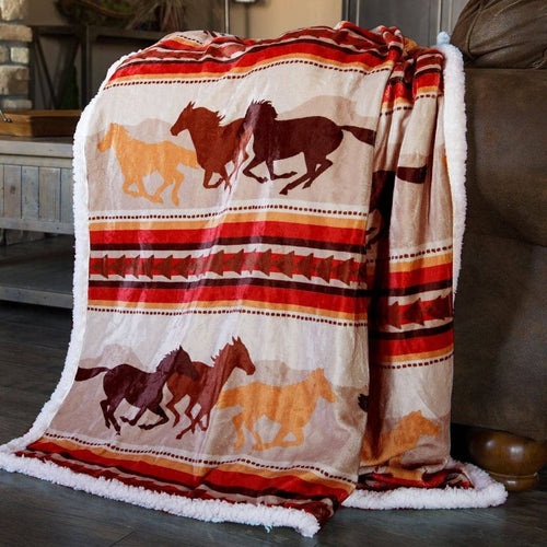 Southwest Running Horse Country Plush Fur Sherpa Fleece Throw Blanket - Cowhide and Conchos