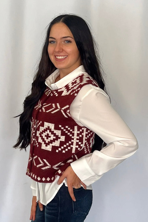 Southwestern Button - Up Wool Vest - Cowhide and Conchos