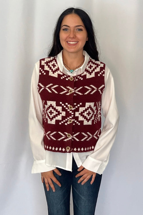 Southwestern Button - Up Wool Vest - Cowhide and Conchos