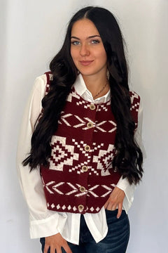 Southwestern Button - Up Wool Vest - Cowhide and Conchos