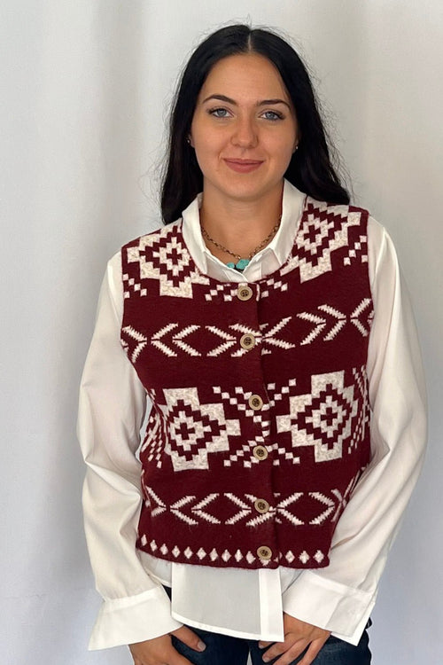 Southwestern Button - Up Wool Vest - Cowhide and Conchos