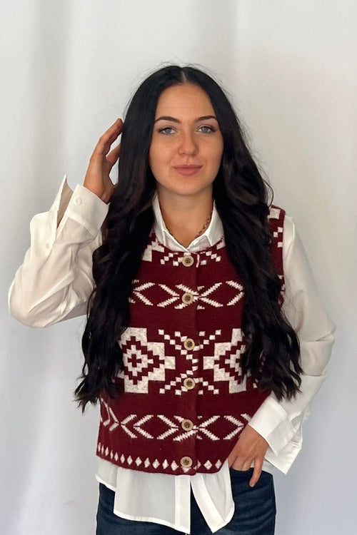 Southwestern Button - Up Wool Vest - Cowhide and Conchos
