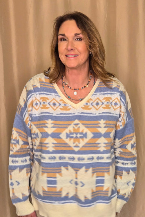 Southwestern Knit Sweater - Cowhide and Conchos
