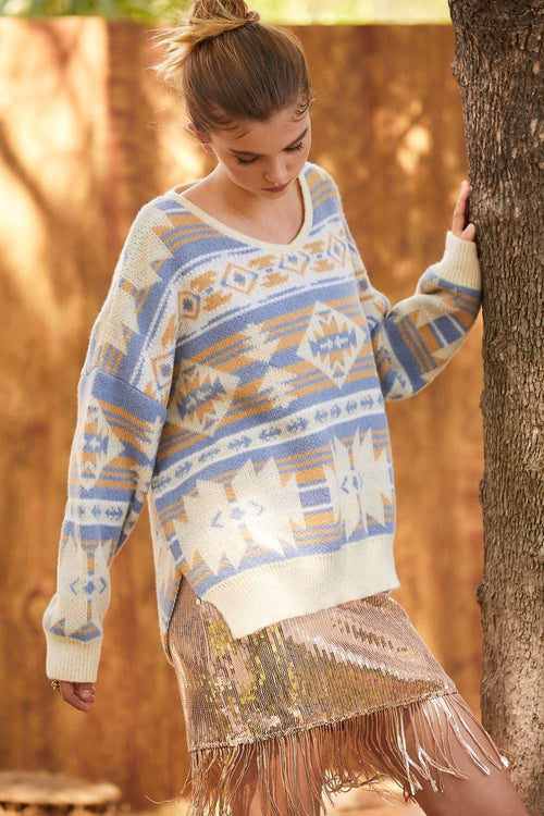 Southwestern Knit Sweater - Cowhide and Conchos