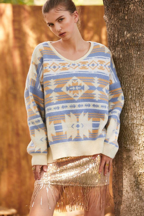 Southwestern Knit Sweater - Cowhide and Conchos