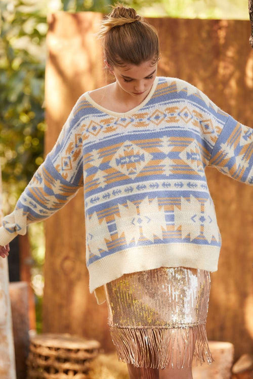 Southwestern Knit Sweater - Cowhide and Conchos