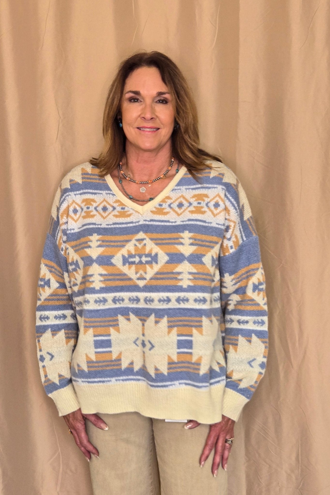 Southwestern Knit Sweater - Cowhide and Conchos