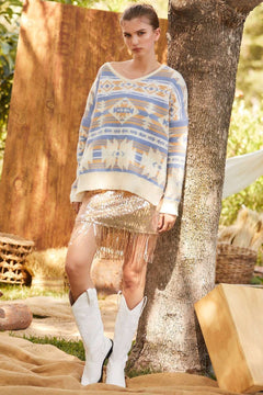 Southwestern Knit Sweater - Cowhide and Conchos