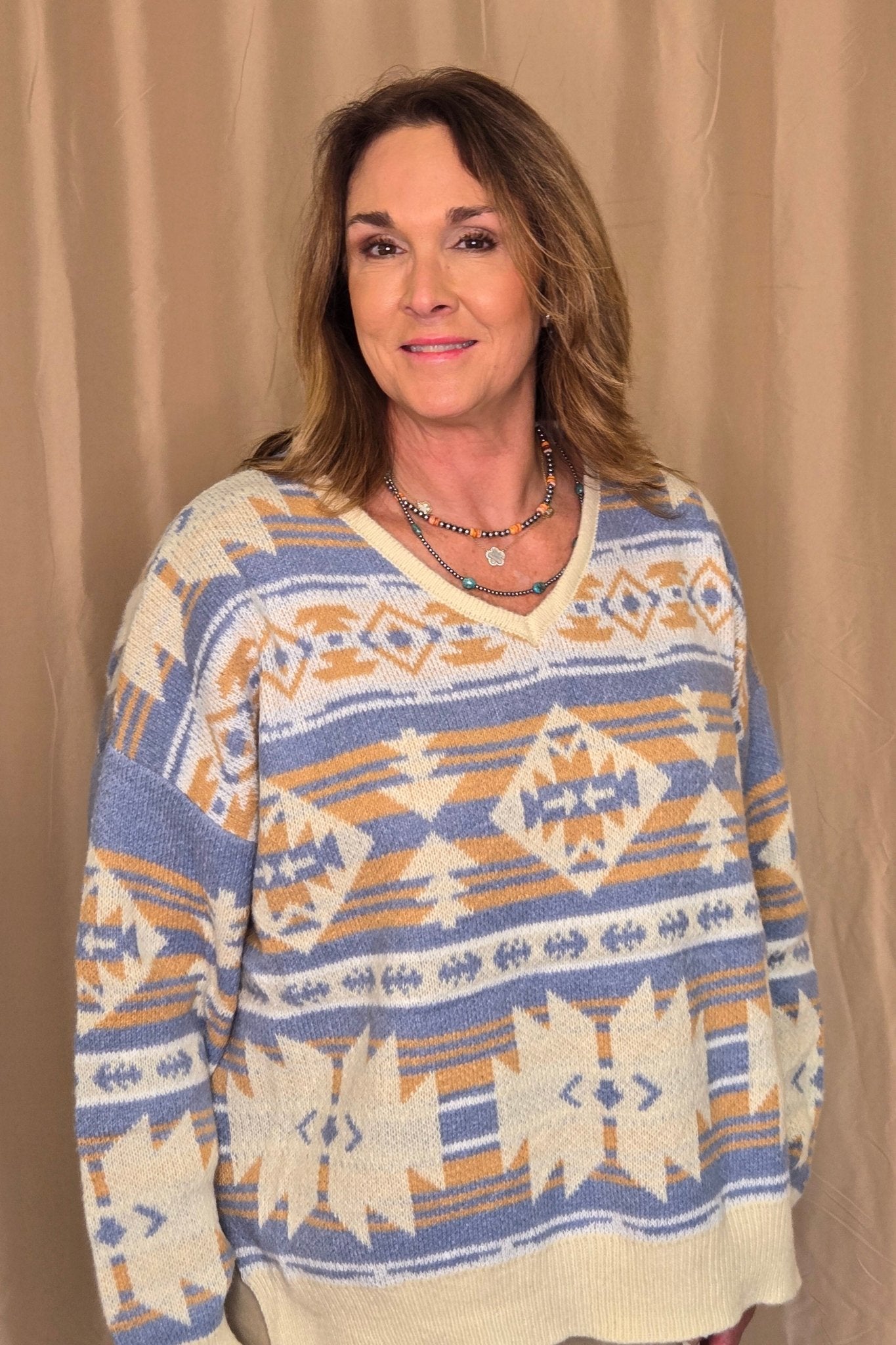 Southwestern Knit Sweater - Cowhide and Conchos
