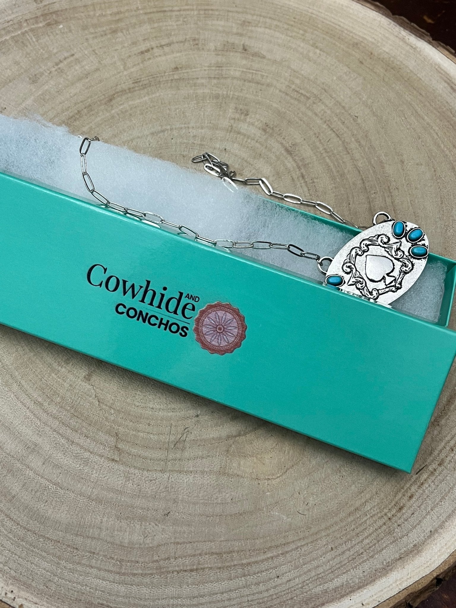 Spade and Faux Turquoise - 18 inch necklace - Cowhide and Conchos