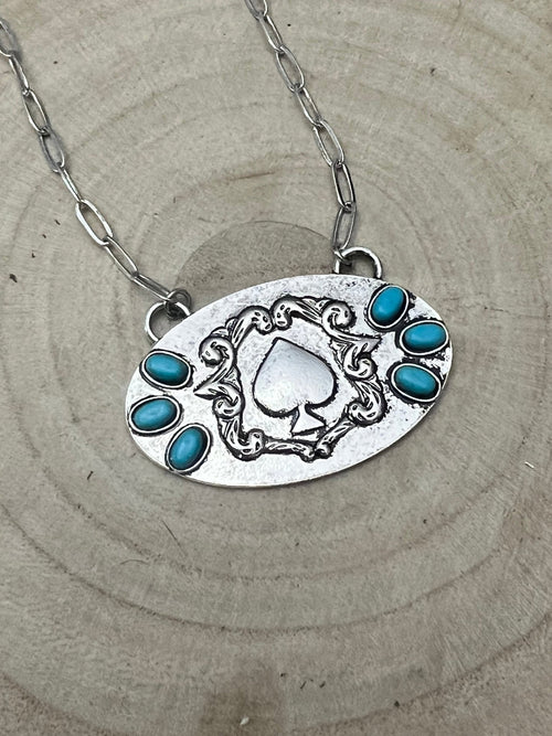 Spade and Faux Turquoise - 18 inch necklace - Cowhide and Conchos