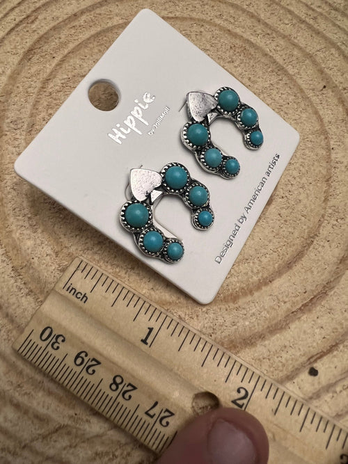 Spade and Faux Turquoise Squash Blossom Earrings - 1 inch drop - Cowhide and Conchos