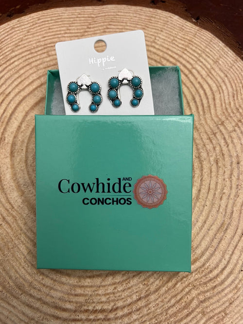Spade and Faux Turquoise Squash Blossom Earrings - 1 inch drop - Cowhide and Conchos
