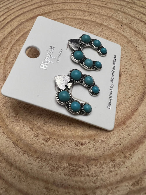 Spade and Faux Turquoise Squash Blossom Earrings - 1 inch drop - Cowhide and Conchos