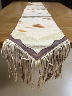 Speckled Cowhide Table Runner with Fringe - Cowhide and Conchos