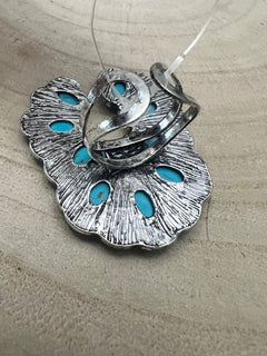 Squash Blossom Adjustable Ring with Faux Turquoise and Faux Opals - Cowhide and Conchos