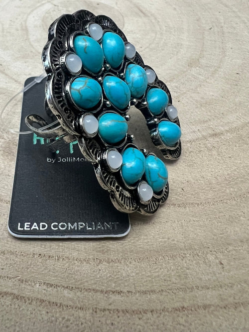 Squash Blossom Adjustable Ring with Faux Turquoise and Faux Opals - Cowhide and Conchos