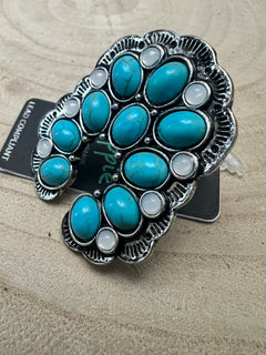 Squash Blossom Adjustable Ring with Faux Turquoise and Faux Opals - Cowhide and Conchos