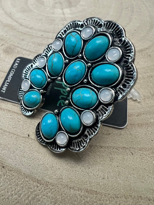 Squash Blossom Adjustable Ring with Faux Turquoise and Faux Opals - Cowhide and Conchos