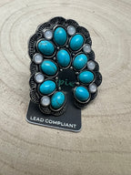 Squash Blossom Adjustable Ring with Faux Turquoise and Faux Opals - Cowhide and Conchos