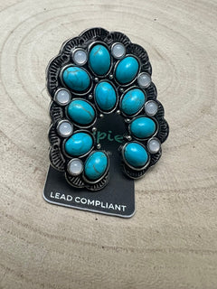 Squash Blossom Adjustable Ring with Faux Turquoise and Faux Opals - Cowhide and Conchos